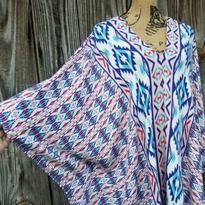 Southwest Print Poncho Top Size Small Festival Shirt Flowy Red Blue Oversized